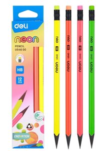 Набор карандашей ч/г Deli EU54600 Neon HB трехгран. пластик ассорти кор. европод. (12шт) ластик