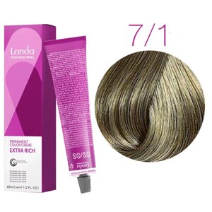 Londa Color Extra Rich 7/1 (блонд пепельный) - стойкая крем-краска для волос, 60 мл.