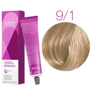 Londa Color Extra Rich 9/1 (очень светлый блонд пепельный) - стойкая крем-краска для волос, 60 мл.