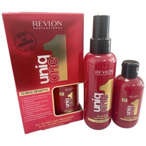 Набор Revlon Uniq ONE All in One Hair Treatment & Shampoo - несмываемая маска-спрей 150 мл и шампунь 100 мл.