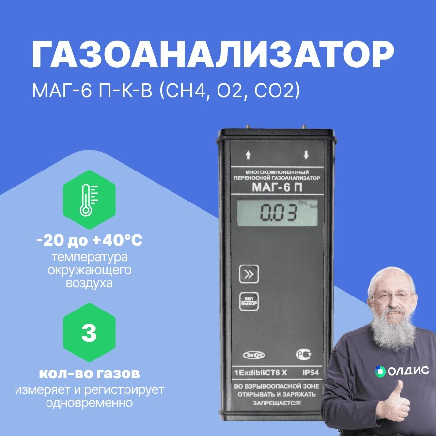 Газоанализаторы МАГ-6 П-К ЭКСИС МАГ-6 П-К-В (CH4, O2, CO2) Газоанализатор портативный (С поверкой) от компании ООО ТК «Олдис» - фото 1