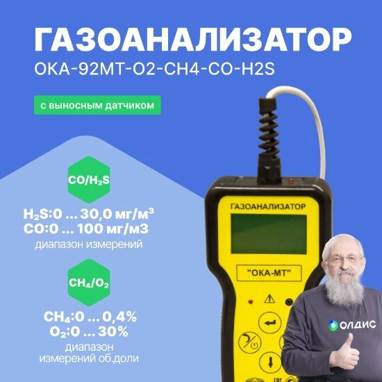 Газоанализаторы переносные ОКА-92МТ Информаналитика ОКА-92МТ-O2-CH4-CO-H2S Газоанализатор переносной (кабель 6 м) (С от компании ООО ТК «Олдис» - фото 1