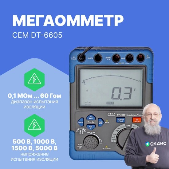 Измерители сопротивления электроизоляции (мегаомметры) CEM Industries CEM DT-6605 Мегаомметр (С поверкой) от компании ООО ТК «Олдис» - фото 1