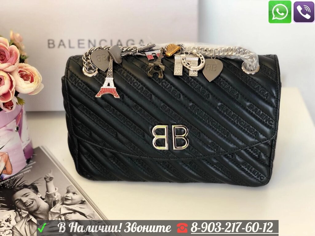Черная Сумка Balenciaga BB Round Баленсиага на цепочке с брелками Charms от компании Интернет Магазин брендовых сумок и обуви - фото 1