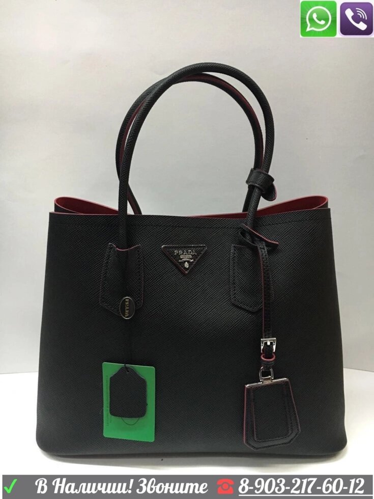 Черная сумка Prada Double Cuir Прада Saffiano на ремне с красным подкладом от компании Интернет Магазин брендовых сумок и обуви - фото 1