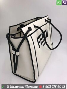 Fendi sunshine белая с черными буквами тканевая сумка шоппер