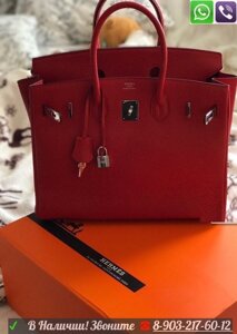 Сумка Hermes Birkin Гермес Биркин Серая с фурнитурой серебро 35 см Красный