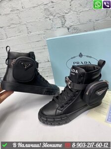 Кеды Prada Wheel кожаные черные с сумочкой кроссовки