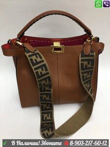 Сумка Fendi Peekaboo коричневая с тканевым ремнем