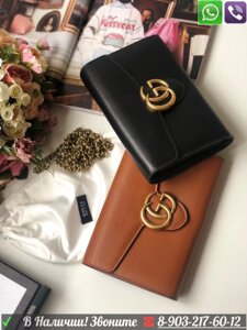 Коричневая сумка Gucci Marmont кошелек на цепочке GG Chain 2 в 1