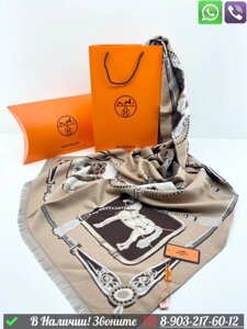 Платок Hermes кашемировый с принтом лошадей Бежевый