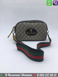 Сумка Gucci в логотип с тигром и красно зеленым ремнем