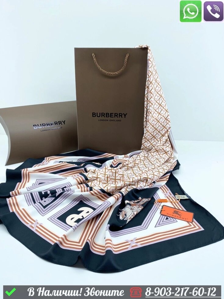 Платок Burberry шелковый с логотипом Черный от компании Интернет Магазин брендовых сумок и обуви - фото 1