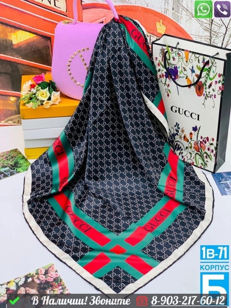 Платок Gucci шелковый с логотипом Черный от компании Интернет Магазин брендовых сумок и обуви - фото 1