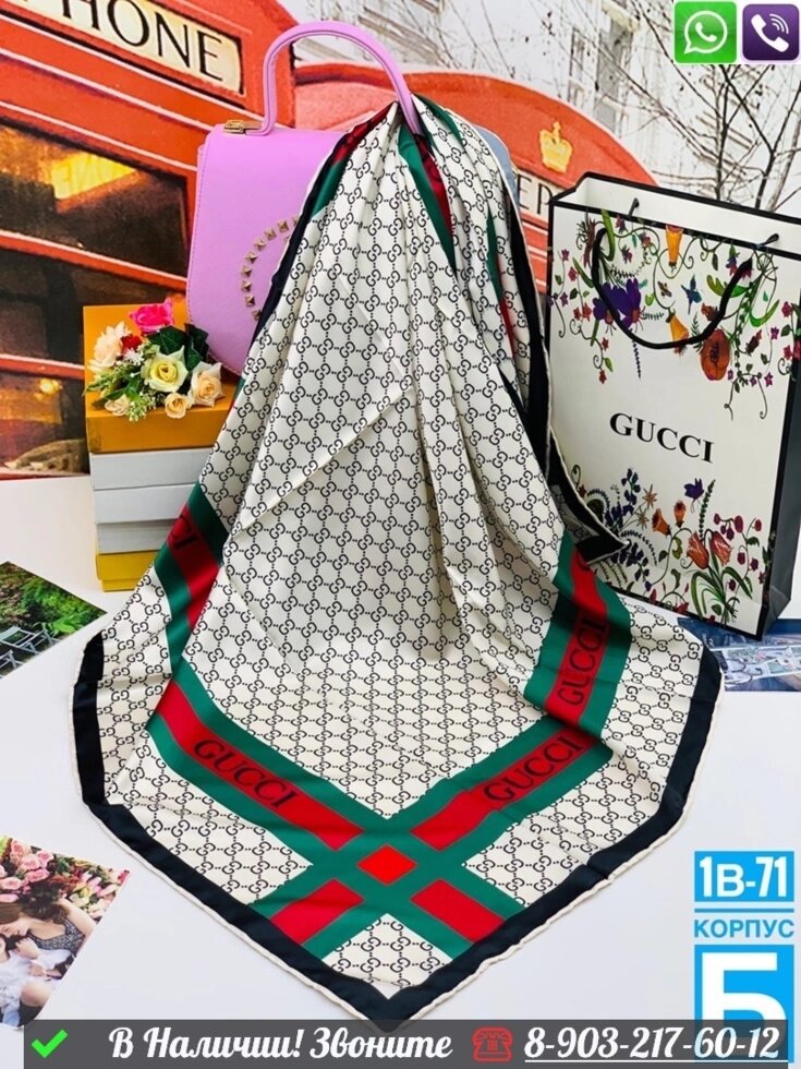 Платок Gucci шелковый с логотипом Зеленый от компании Интернет Магазин брендовых сумок и обуви - фото 1