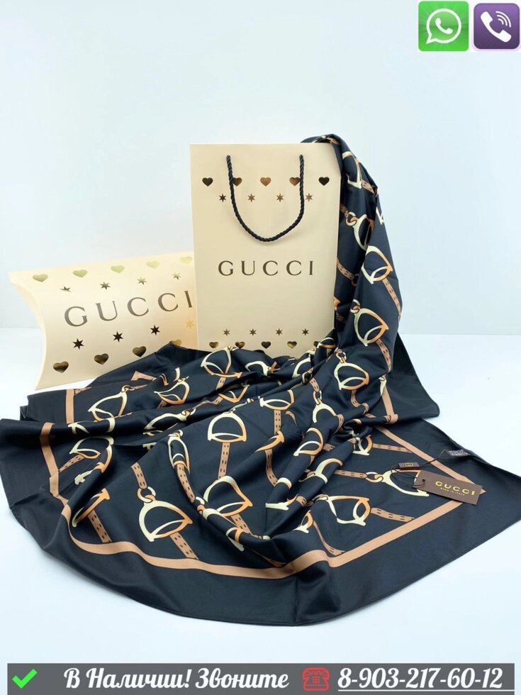 Платок Gucci шелковый с логотипом от компании Интернет Магазин брендовых сумок и обуви - фото 1