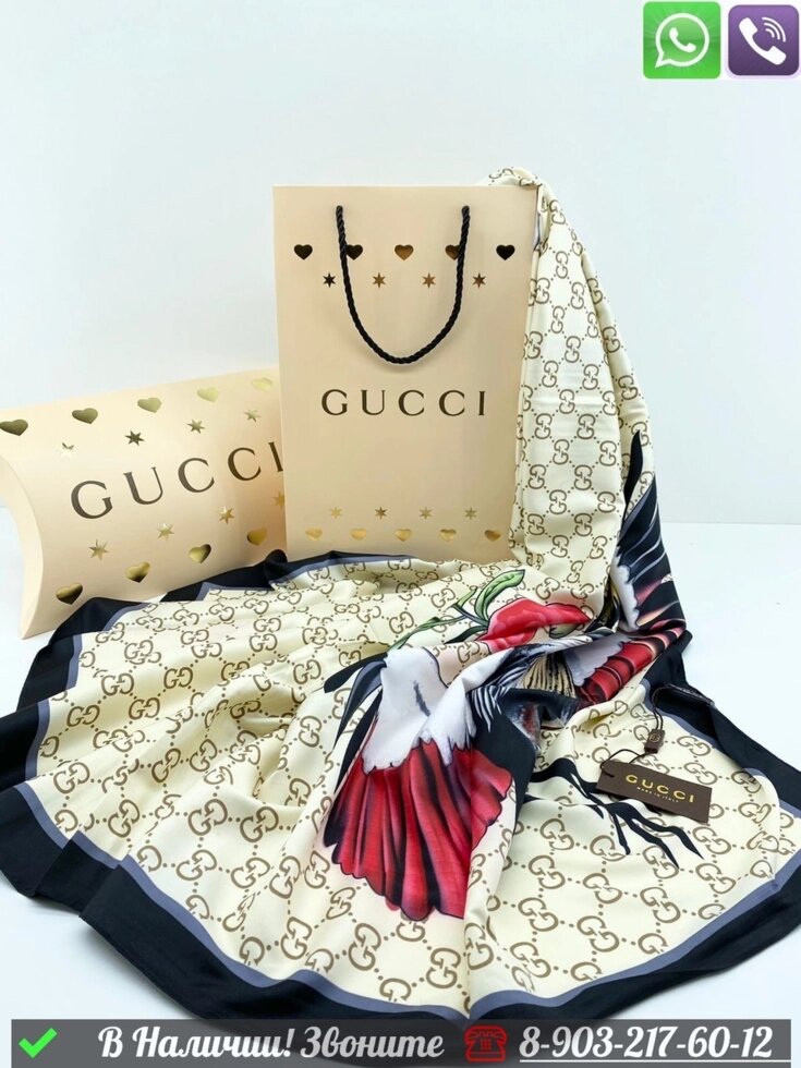 Платок Gucci шелковый с орнаментом Черный от компании Интернет Магазин брендовых сумок и обуви - фото 1