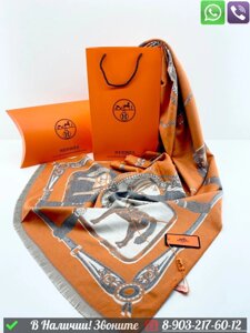 Платок Hermes кашемировый с принтом лошадей Бежевый