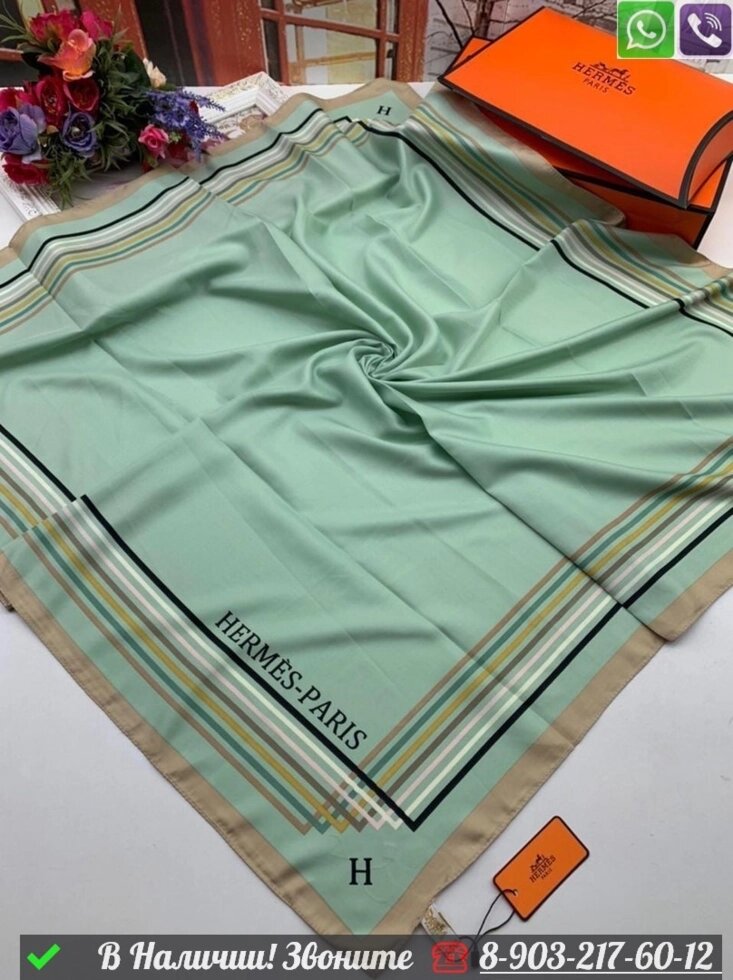 Платок Hermes шелковый с геометрическим узором Зеленый от компании Интернет Магазин брендовых сумок и обуви - фото 1