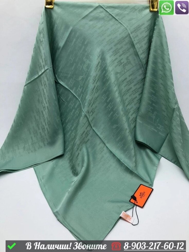 Платок Hermes шелковый с логотипом Зеленый от компании Интернет Магазин брендовых сумок и обуви - фото 1