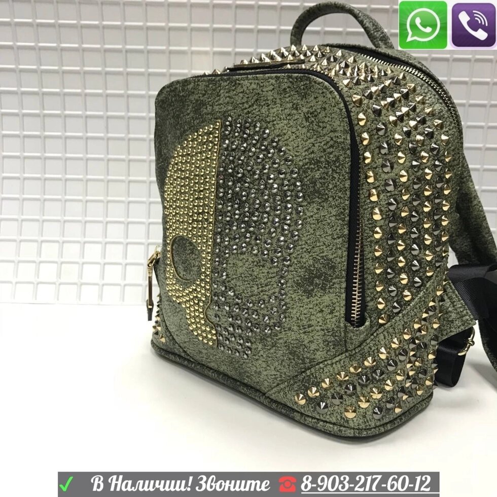 Рюкзак с черепом с золотыми стразами кожаный Зеленый от компании Интернет Магазин брендовых сумок и обуви - фото 1
