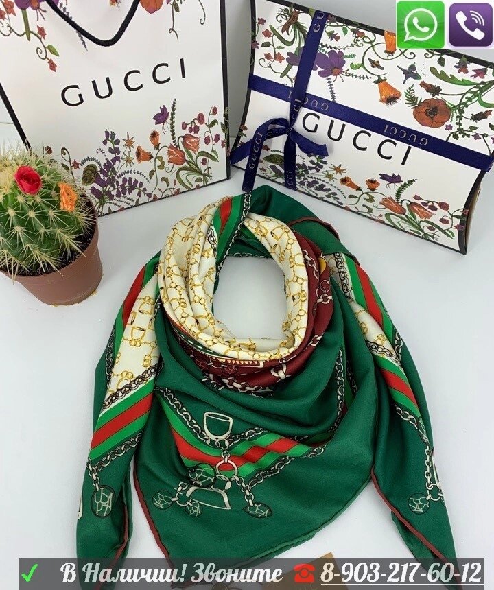 Шелковый платок Gucci шейный шарф с логотипом Гучи от компании Интернет Магазин брендовых сумок и обуви - фото 1