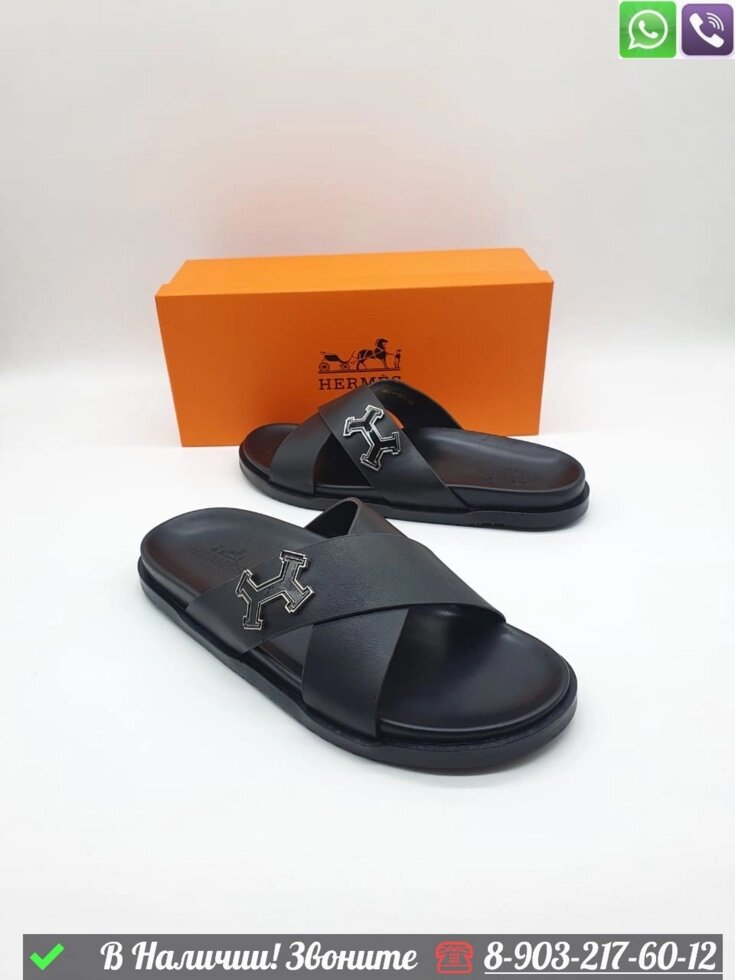 Шлепанцы Hermes кожаные черные сандалии от компании Интернет Магазин брендовых сумок и обуви - фото 1