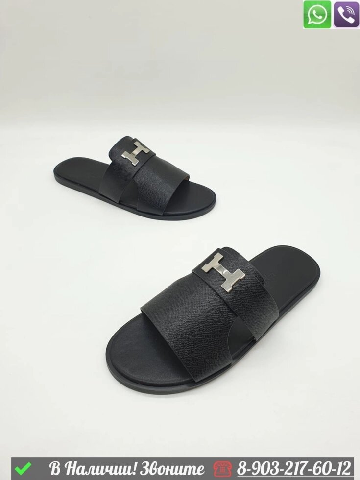 Шлепанцы Hermes кожаные сандалии Черный от компании Интернет Магазин брендовых сумок и обуви - фото 1