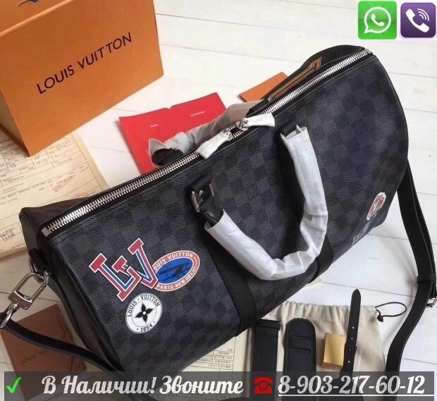 Сумка Дорожная Louis Vuitton Keepall Bandouliere 45 Stickers Луи Витон LV черная серая от компании Интернет Магазин брендовых сумок и обуви - фото 1