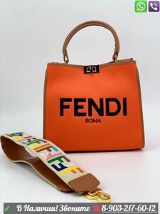 Сумка Fendi peekaboo sunshine оранжевая тканевая с цветным ремнем