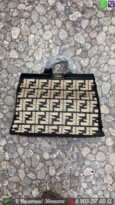 Сумка Fendi Peekaboo X Tote бежевая с черными буквами