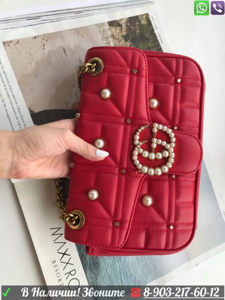 Сумка Gucci GG marmont c бусинами Gucci клатч Красный от компании Интернет Магазин брендовых сумок и обуви - фото 1