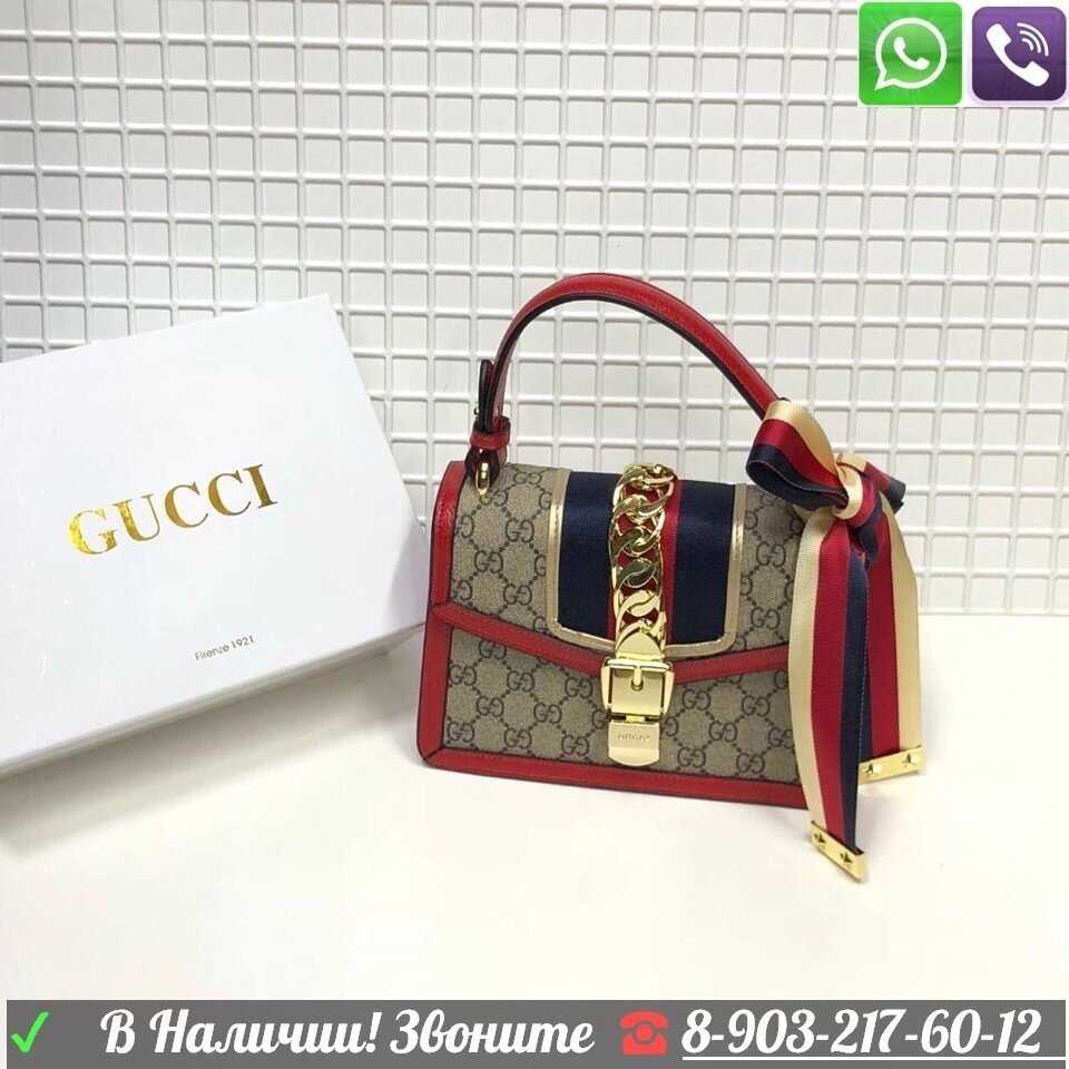 Сумка Gucci Sylvie Supreme GG Gucci с лентой Красный от компании Интернет Магазин брендовых сумок и обуви - фото 1