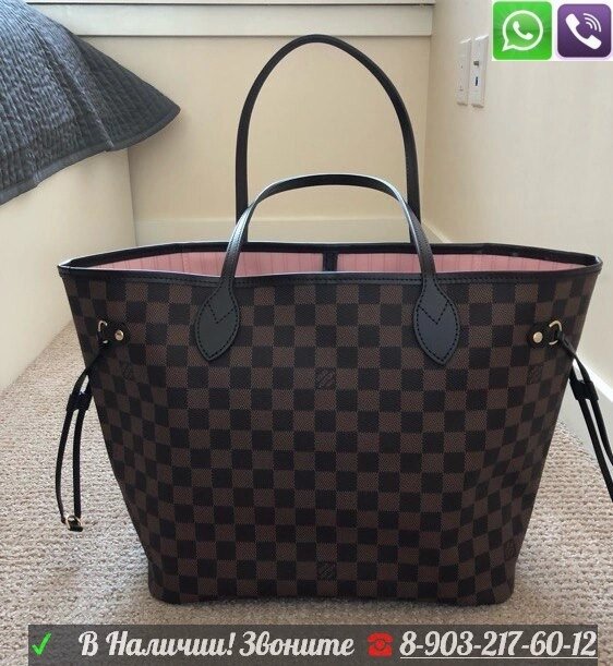 Сумка Louis Vuitton Neverfull MM Damier Ebene Rose коричневая с розовым от компании Интернет Магазин брендовых сумок и обуви - фото 1