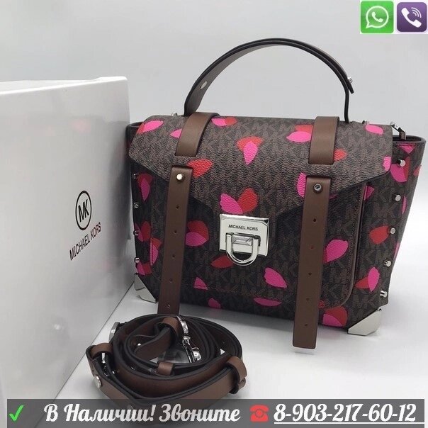 Сумка Michael Kors Manhattan c логотипом и розовыми листочками Коричневый от компании Интернет Магазин брендовых сумок и обуви - фото 1