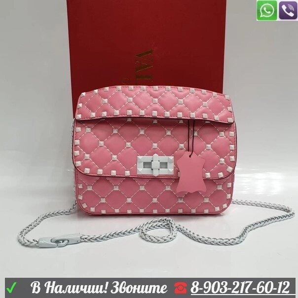 Сумка Valentino Rockstud c белыми шипами Розовый от компании Интернет Магазин брендовых сумок и обуви - фото 1