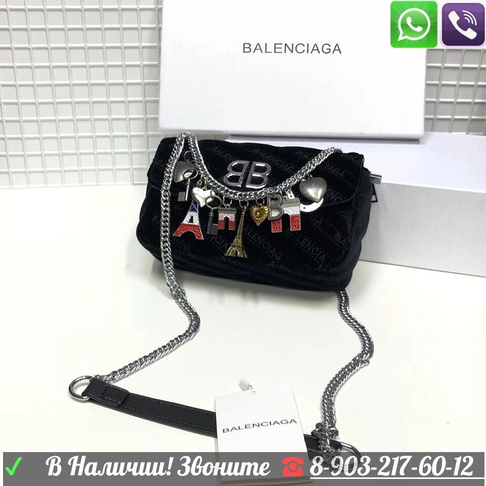 Велюровая Сумка Balenciaga BB Round Баленсиага с брелками бархат от компании Интернет Магазин брендовых сумок и обуви - фото 1