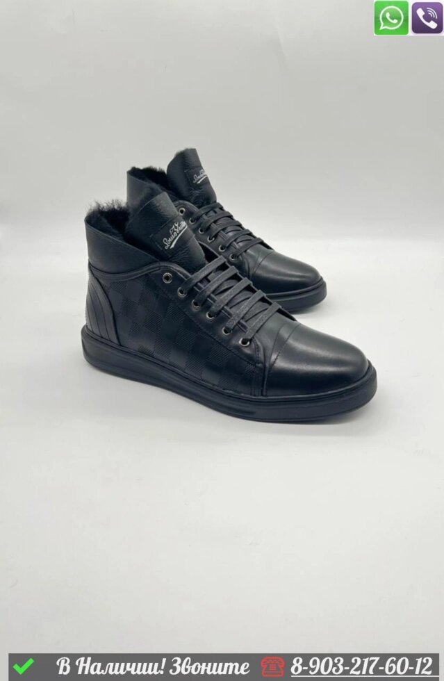 Зимние высокие кроссовки Louis Vuitton с мехом черные от компании Интернет Магазин брендовых сумок и обуви - фото 1