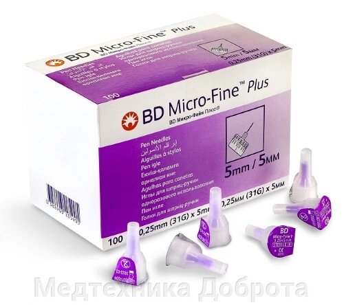 Иглы для инсулиновых шприц ручек 31G (0,25 x 5 мм) BD Micro-Fine Plus (инжекторов, ПЕН ручек) от компании Медтехника Доброта - фото 1