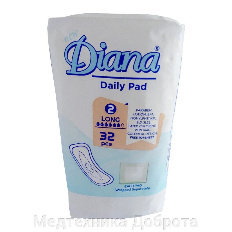 Прокладки женские гигиенические ежедневные Diana Daily Pad Long 6 капель, 32 шт. в упаковке от компании Медтехника Доброта - фото 1