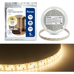 Светодиодная лента LED FERON LS615 240SMD 3528 19.2Вт/м 5м IP65 12V теплый белый