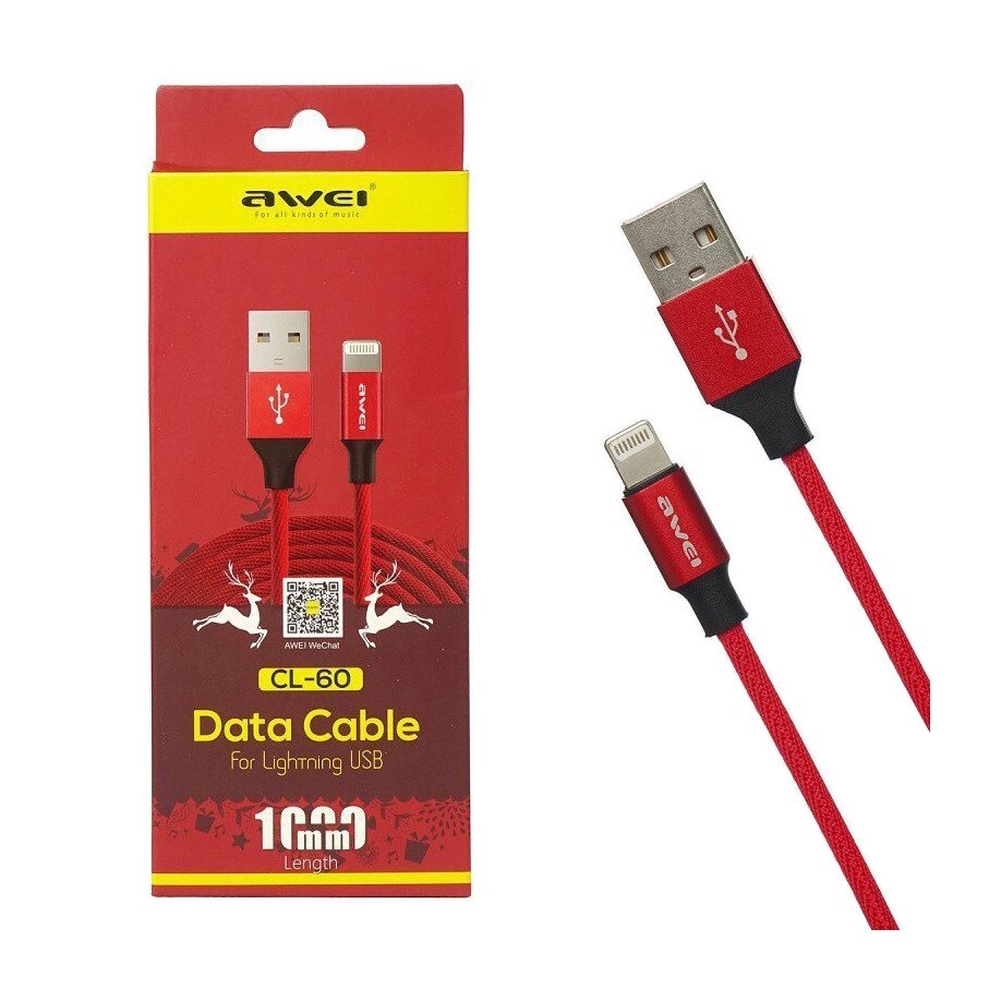 Кабель Awei USB - Lightning 8pin, 2A, 1м, металл/текстиль, красный (AWE-CL-60-RED) от компании F-MART - фото 1