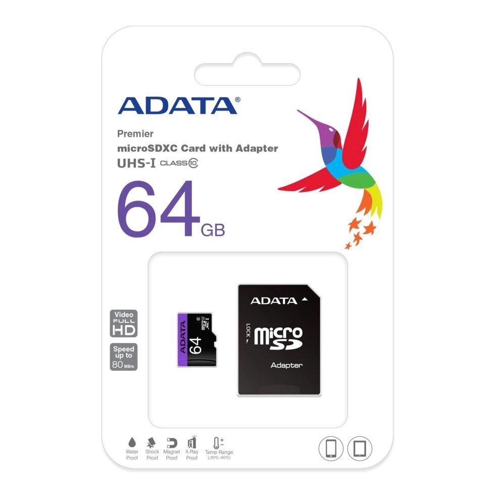 Карта памяти ADATA 64 GB microSDXC UHS-I + SD adapter Premier AUSDX64GUICL10-RA1 от компании F-MART - фото 1