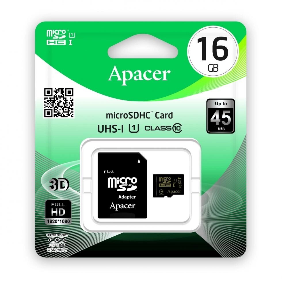 Карта памяти Apacer 16 GB microSDHC Class 10 UHS-I+SD adapter (AP16GMCSH10U1-R) от компании F-MART - фото 1
