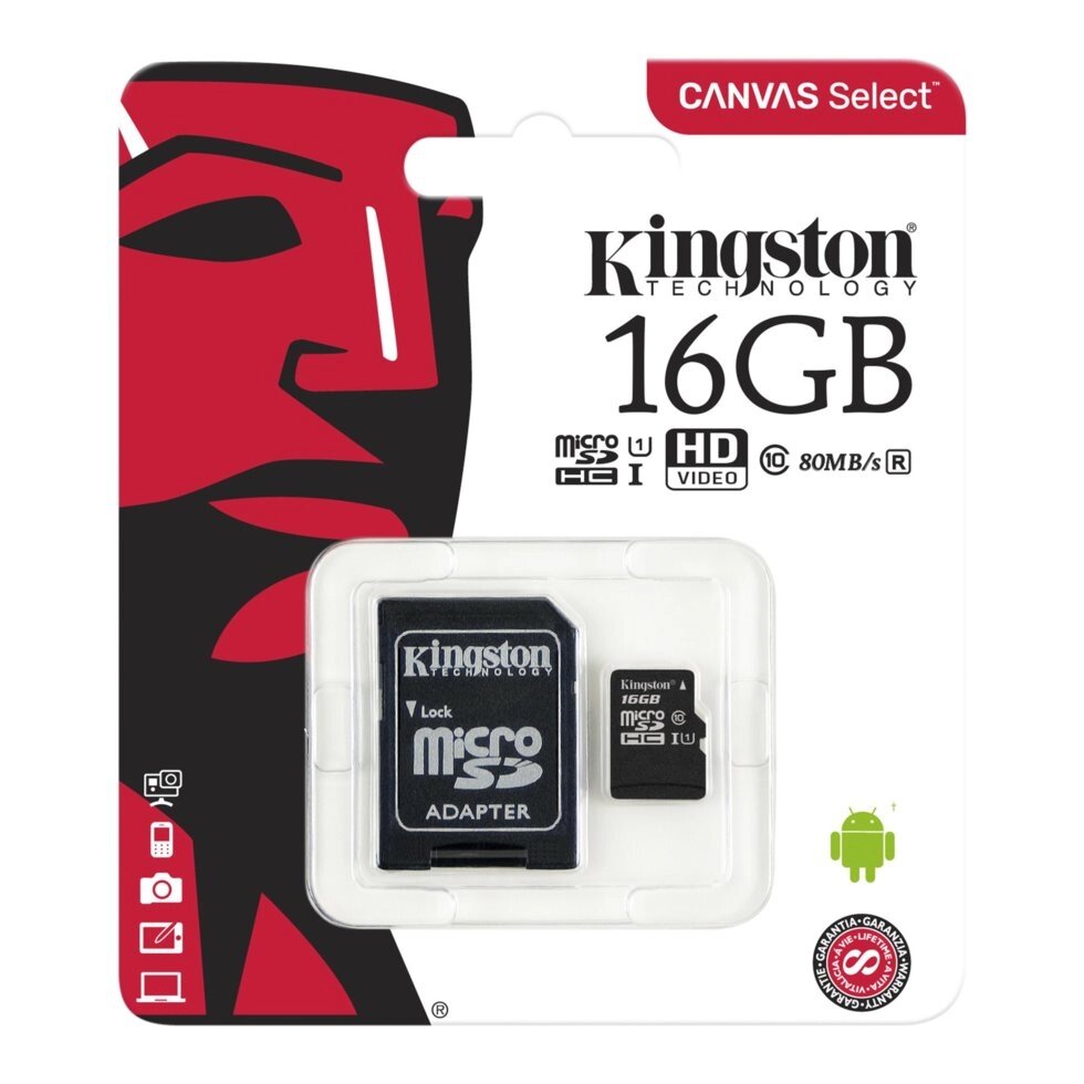 Карта памяти Kingston 16 GB microSDHC Class 10 UHS-I Canvas Select + SD Adapter SDCS/16GB от компании F-MART - фото 1