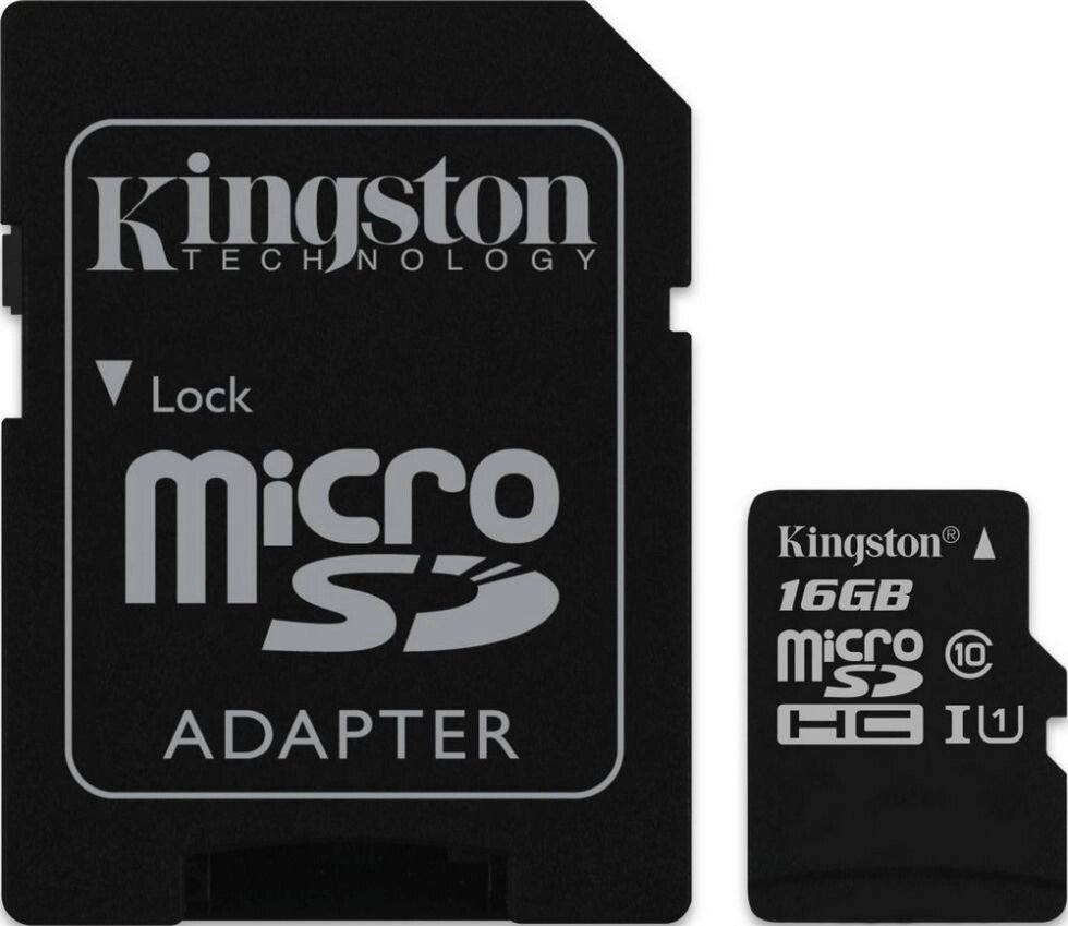 Карта памяти Kingston MicroSDHC 16GB Class 10 HS-I + SD адаптер (SDC10G2/16GB) от компании F-MART - фото 1