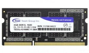 Модуль памяти SODIMM DDR3 4 ГБ Team (TED3L4G1600C11S01***); 12800 MБ/с; 1600 МГц; RET