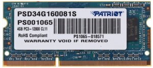 Модуль памяти SODIMM DDR3 4ГБ PATRIOT PSD34G160081S DDR3 - 4Гб
