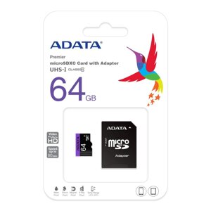 Карта памяти ADATA 64 GB microSDXC UHS-I + SD adapter Premier AUSDX64GUICL10-RA1