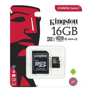 Карта памяти Kingston 16 GB microSDHC Class 10 UHS-I Canvas Select + SD Adapter SDCS/16GB